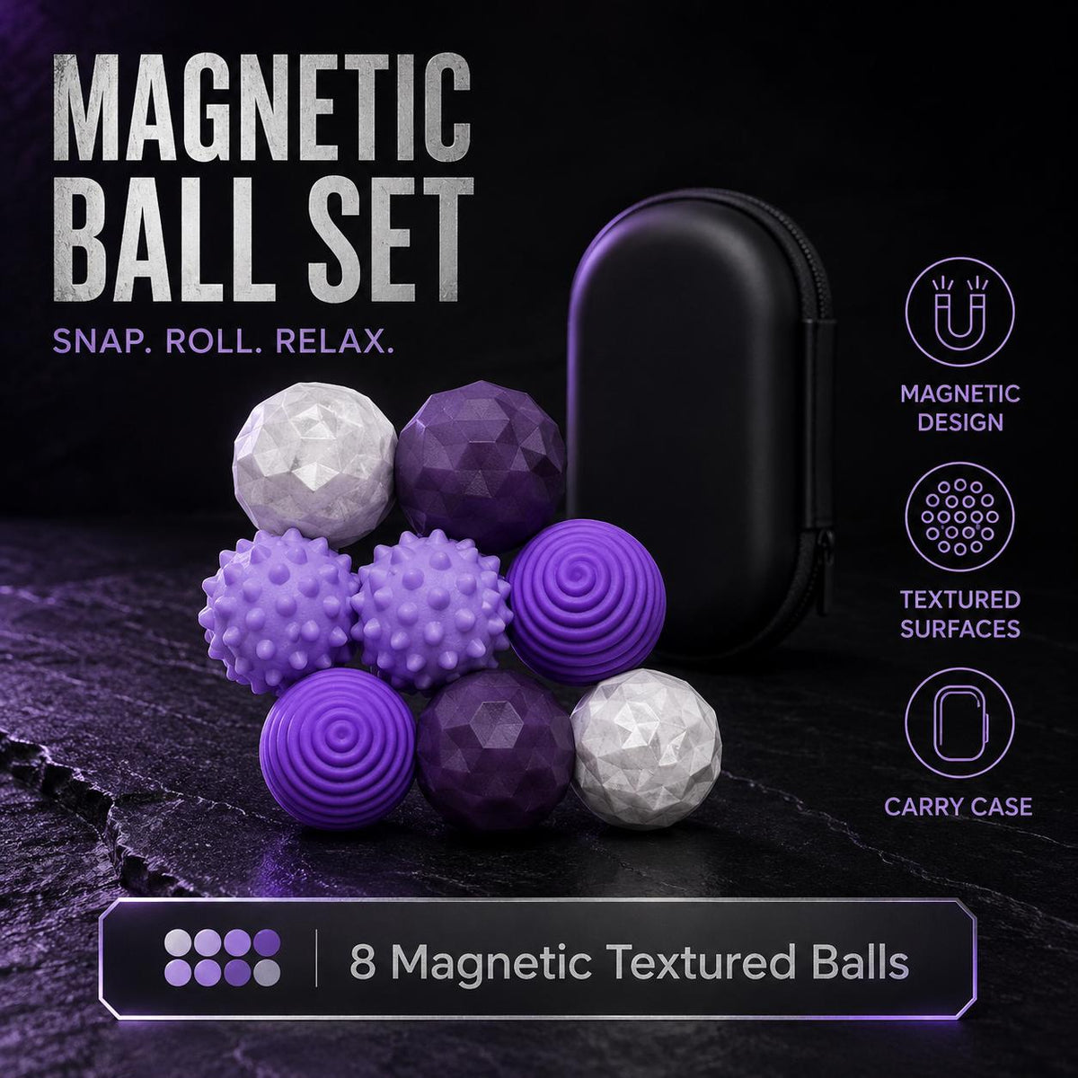 Balles fidget magnétiques texturées : huit balles violettes et blanches avec étui noir