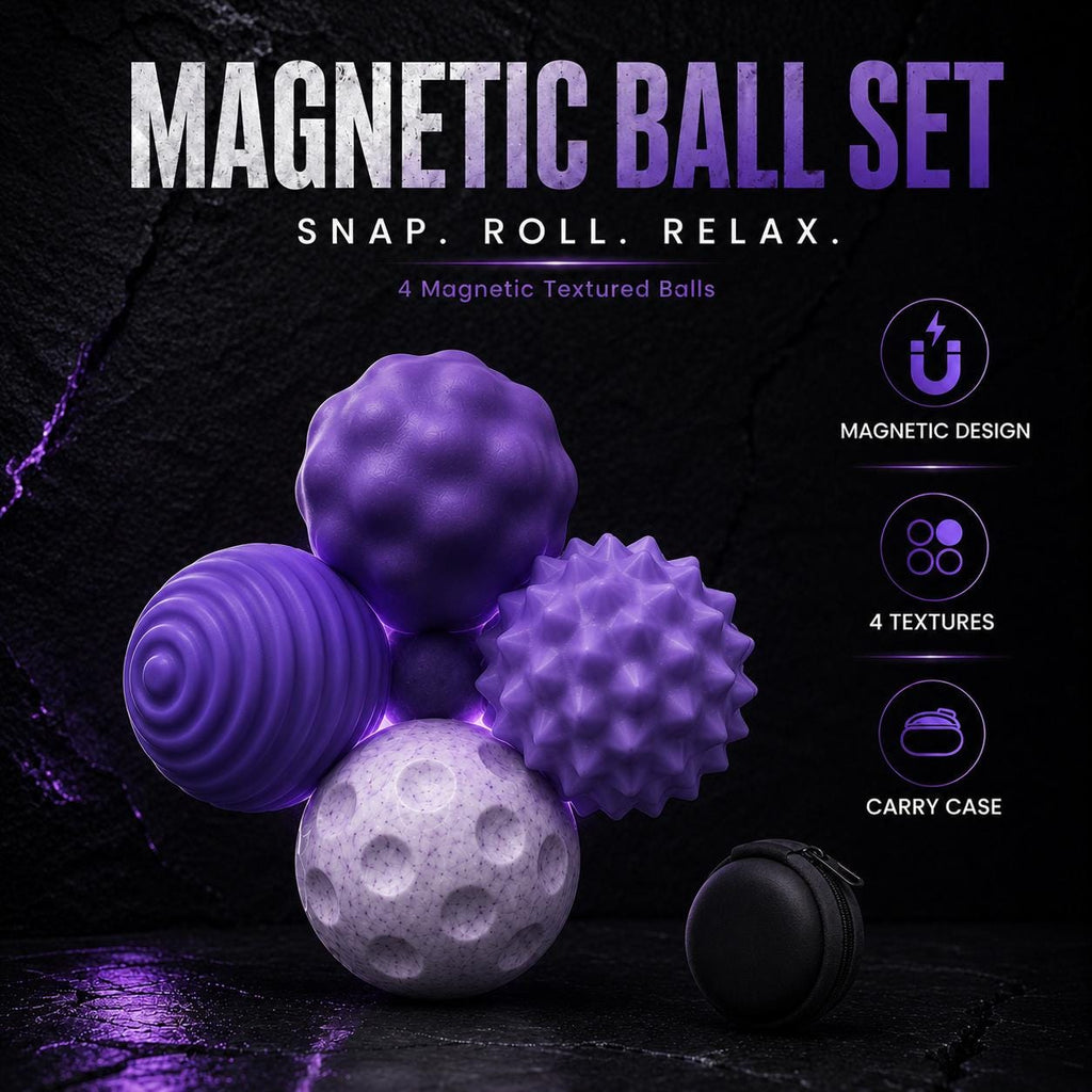 Balles fidget magnétiques texturées : quatre balles violettes avec étui