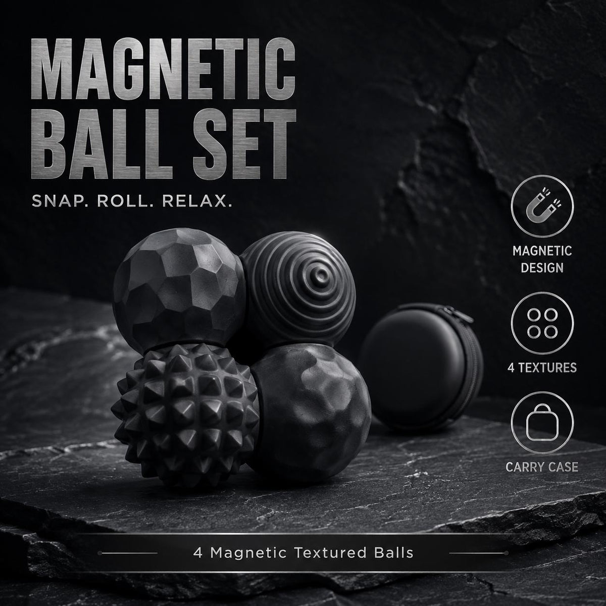 Balles fidget magnétiques texturées : quatre balles noires texturées avec étui