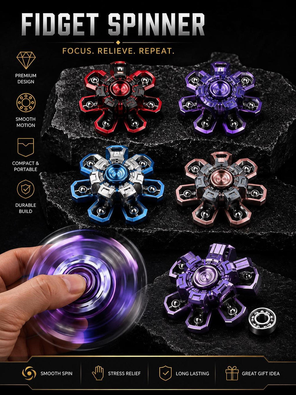 Spinner cinétique transformable : présentation des couleurs et de la rotation