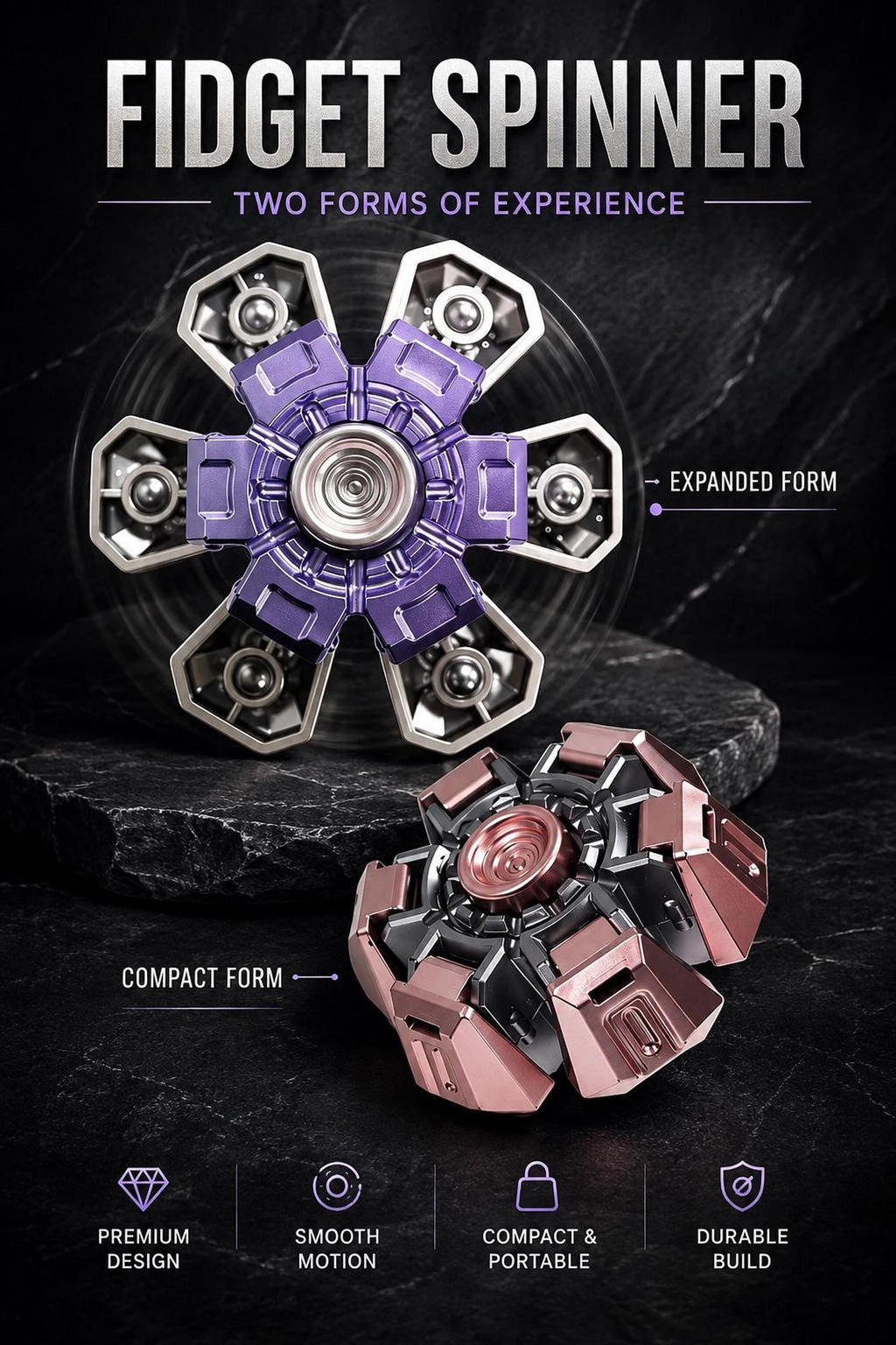 Spinner cinétique transformable : modèle violet déployé et modèle rose compact