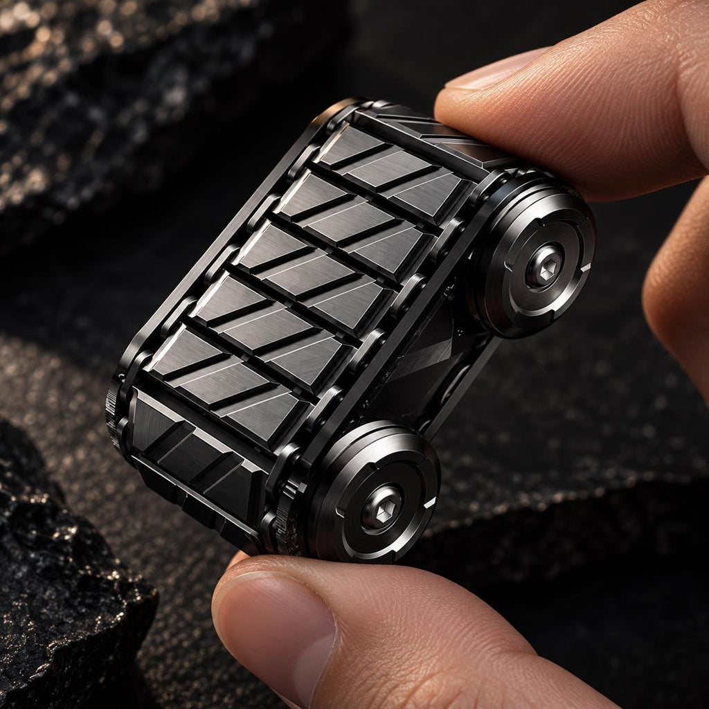 Rouleau fidget Tank métal : noir à quatre roues tenu en main