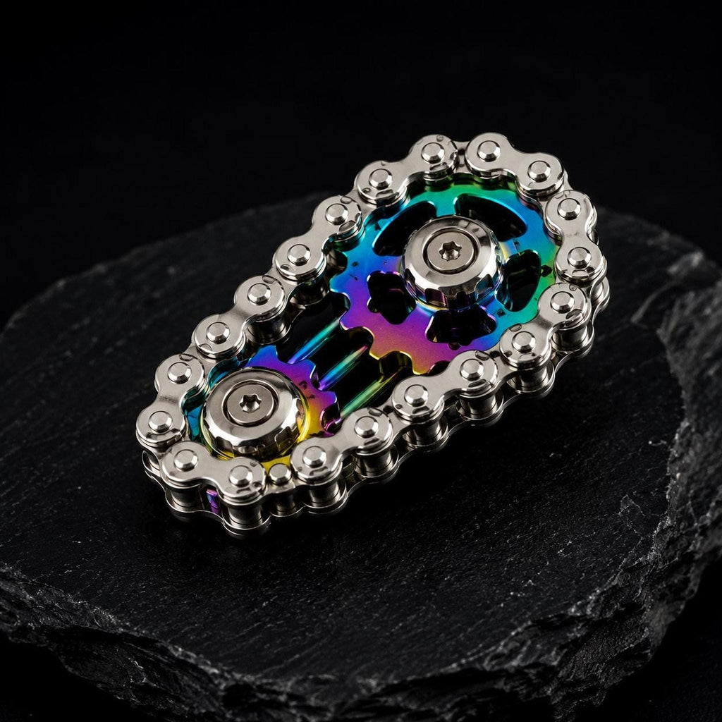 Spinner chaîne de vélo : finition multicolore et maillons argentés