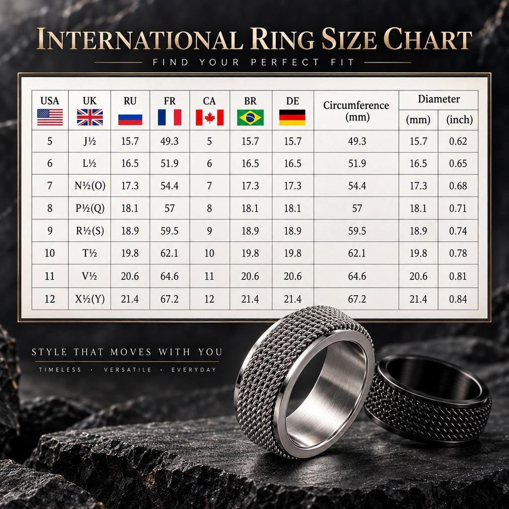 Bague fidget maille rotative : tableau international des tailles de bagues