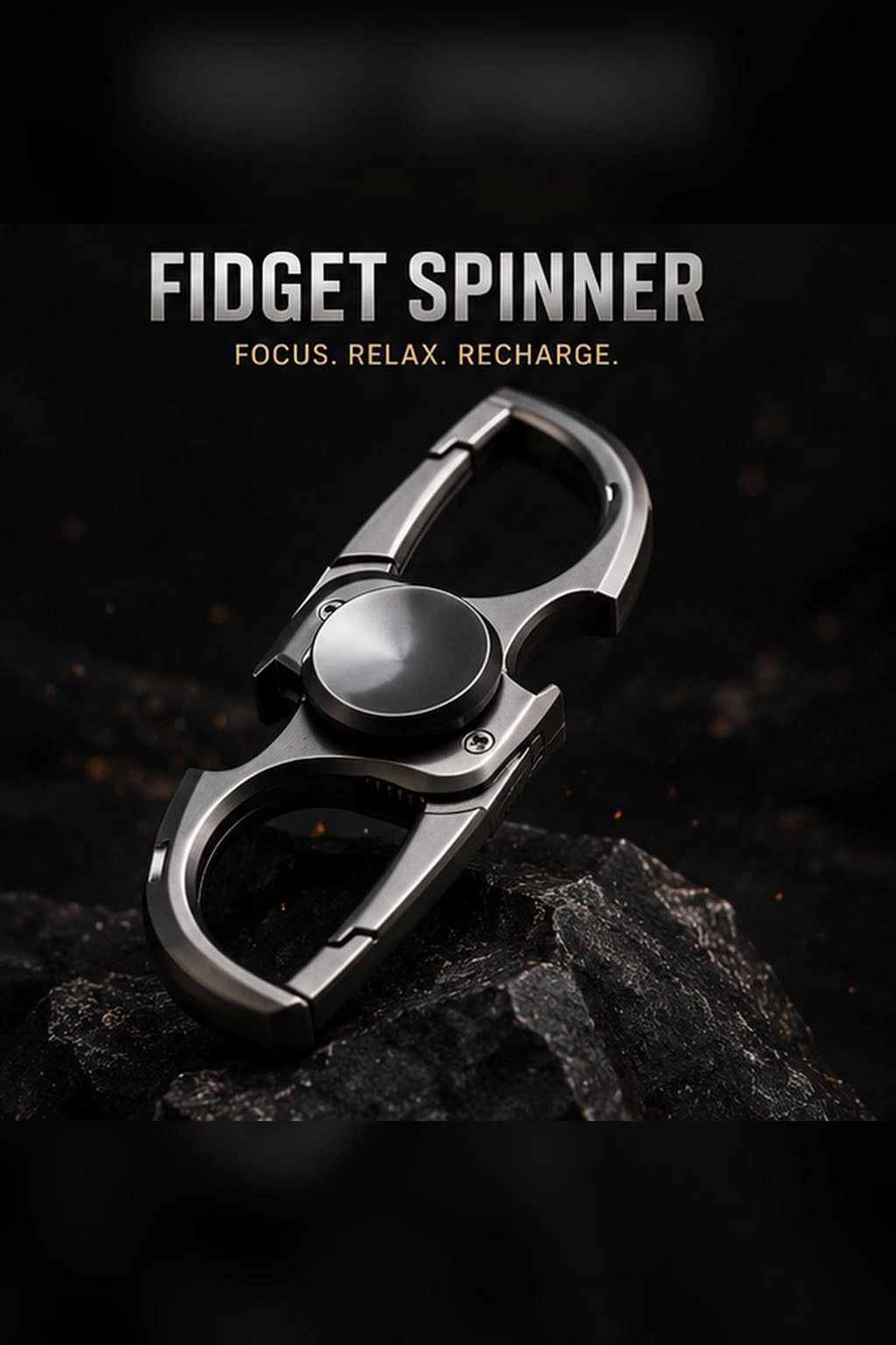 Porte-clés spinner métal 3-en-1 : noir posé sur pierre