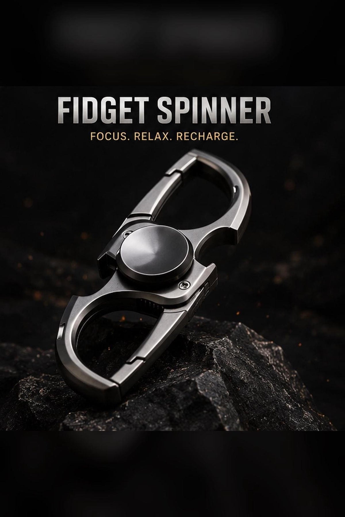 Porte-clés spinner métal 3-en-1 : noir posé sur pierre