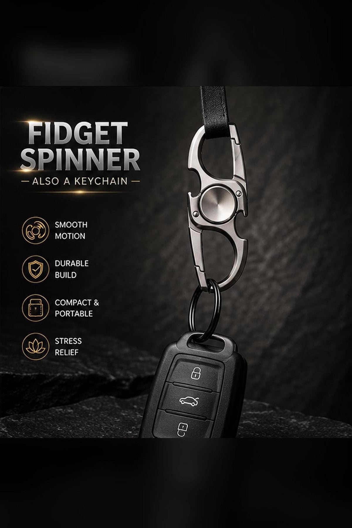 Porte-clés spinner métal 3-en-1 : accroché à une clé de voiture