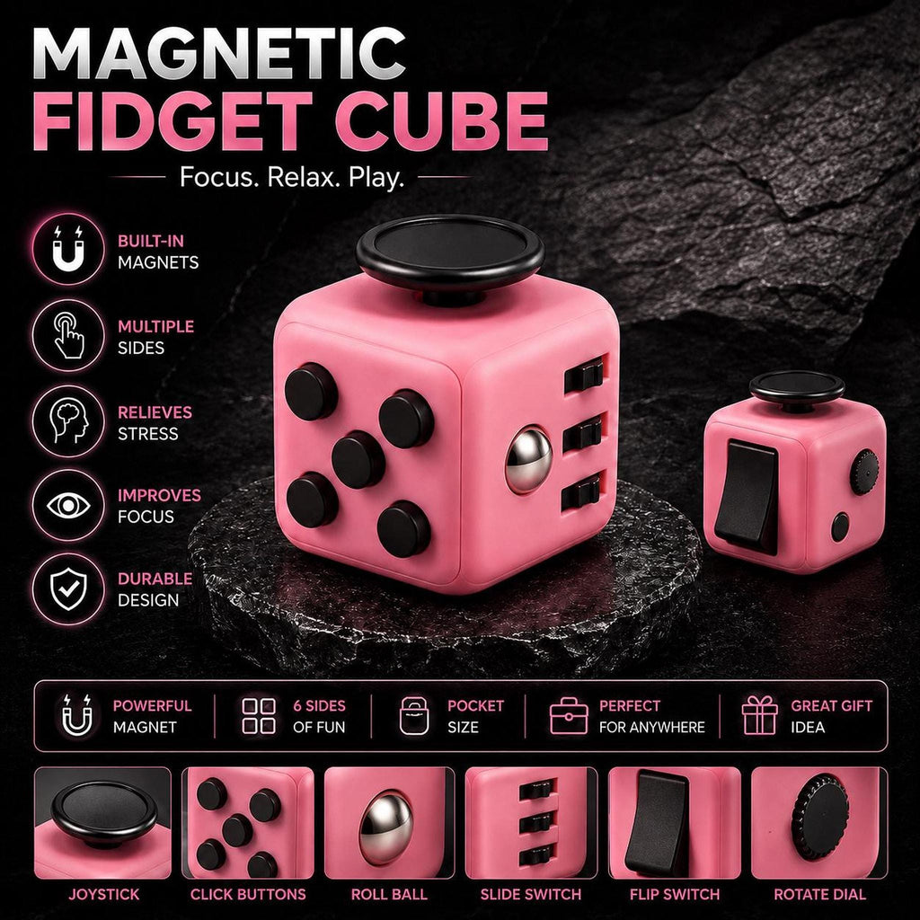 Cube fidget 6 faces : rose avec présentation des mécanismes