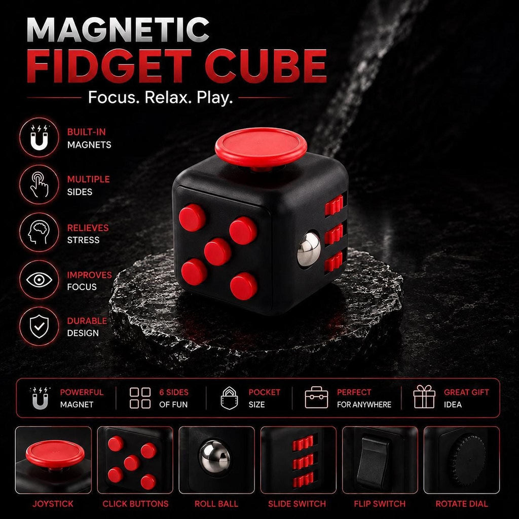 Cube fidget 6 faces : noir à commandes rouges