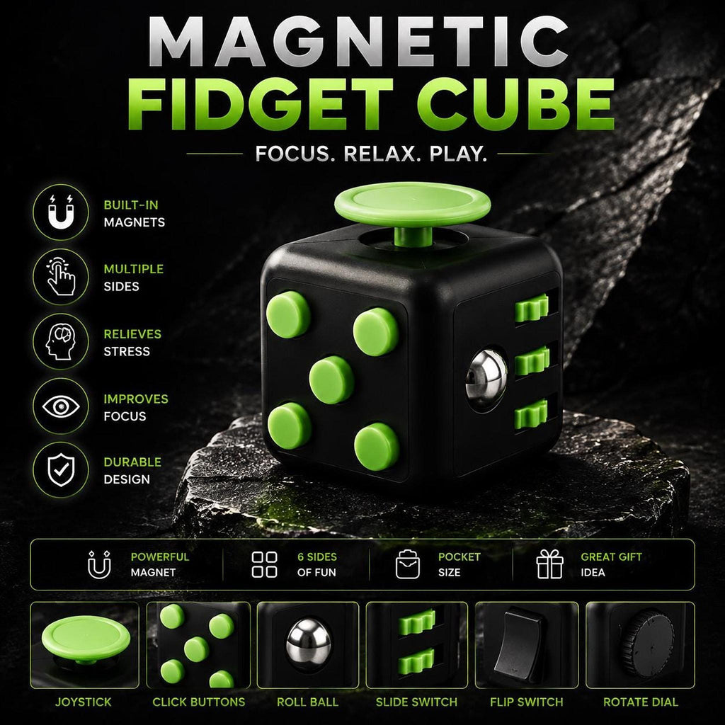 Cube fidget 6 faces : noir à commandes vertes