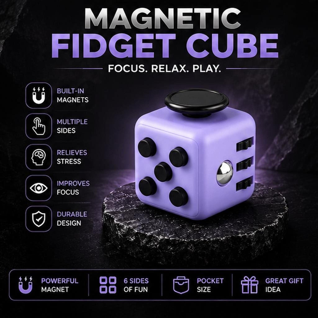 Cube fidget 6 faces : violet à boutons noirs