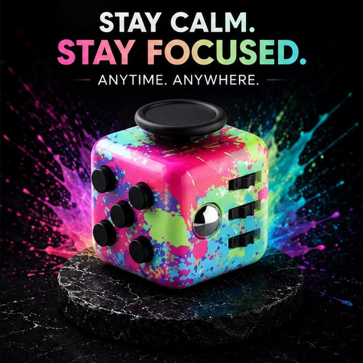 Cube fidget 6 faces : multicolore avec éclaboussures colorées