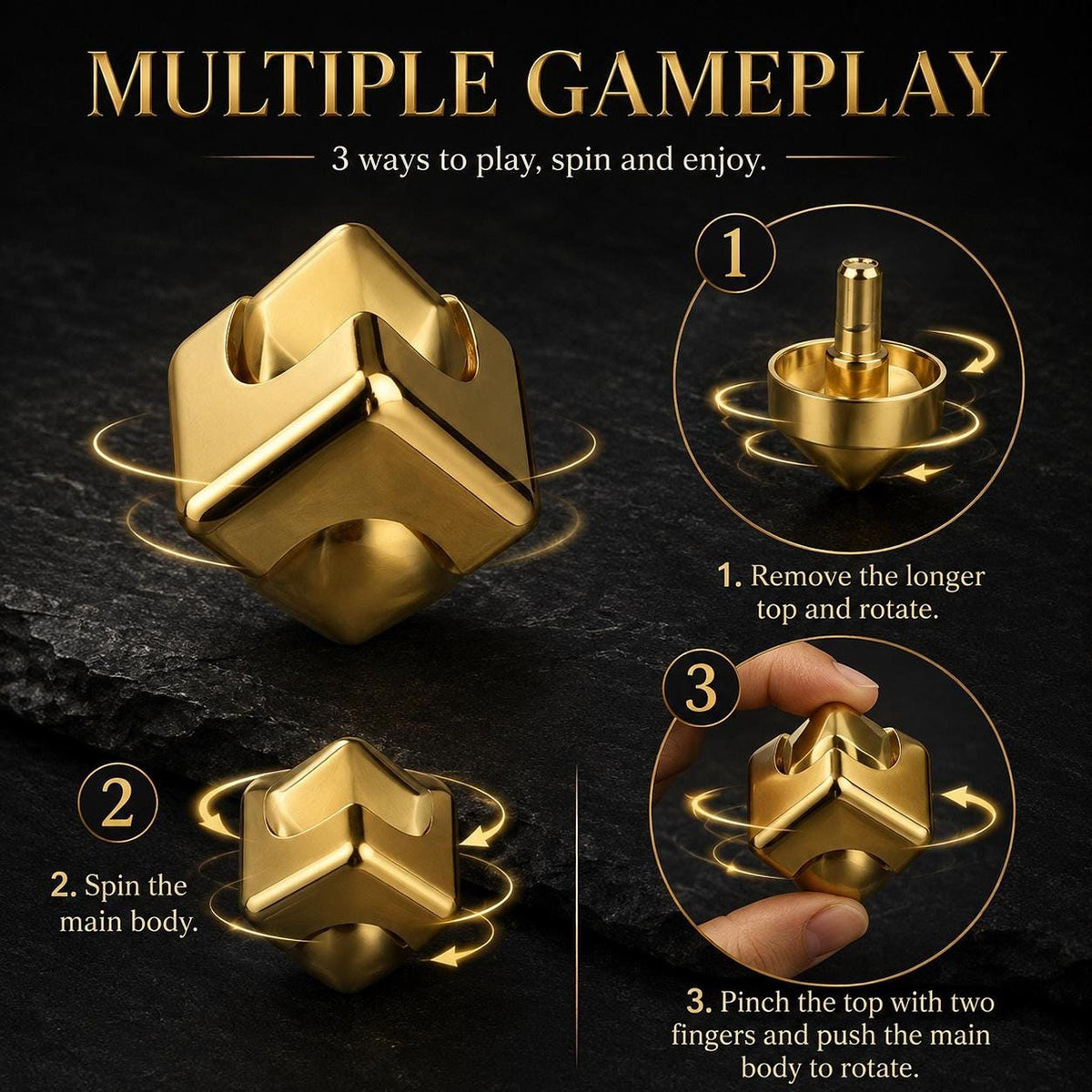 Cube spinner métallique : trois modes de manipulation du modèle doré
