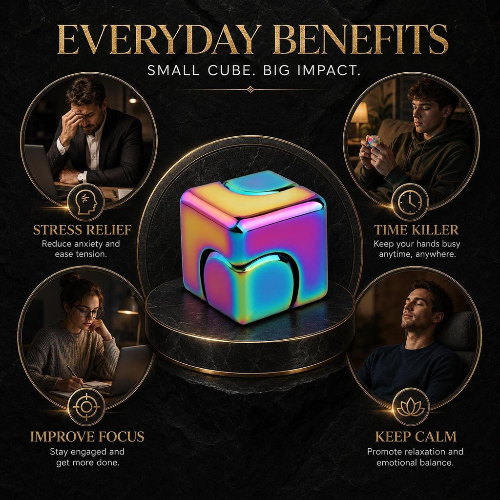 Cube spinner métallique : arc-en-ciel sur fond noir