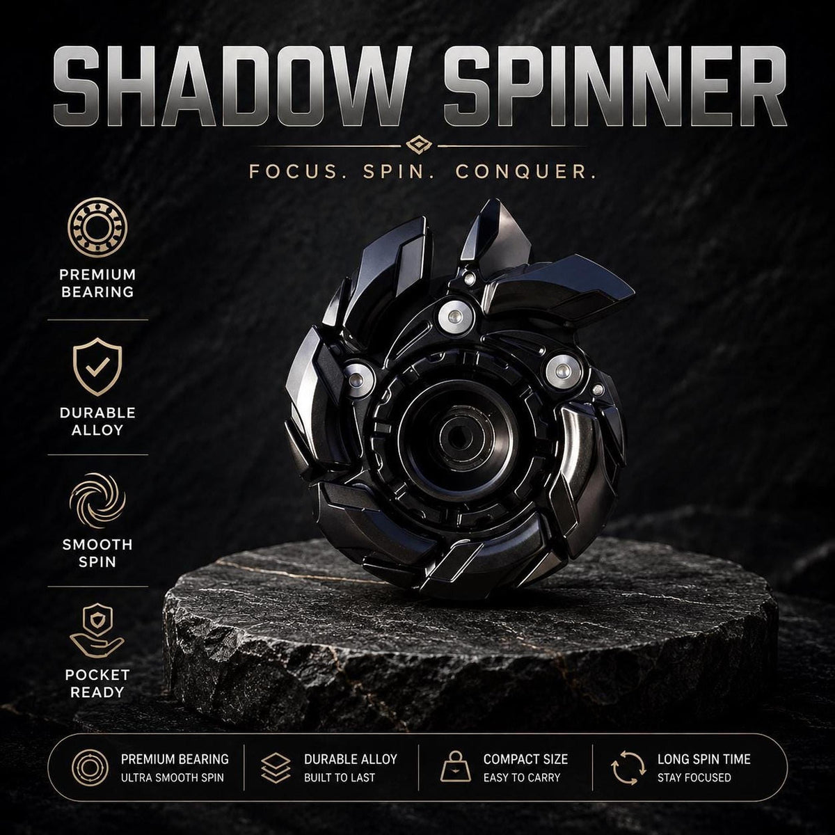 Spinner mécanique transformable : noir posé sur pierre